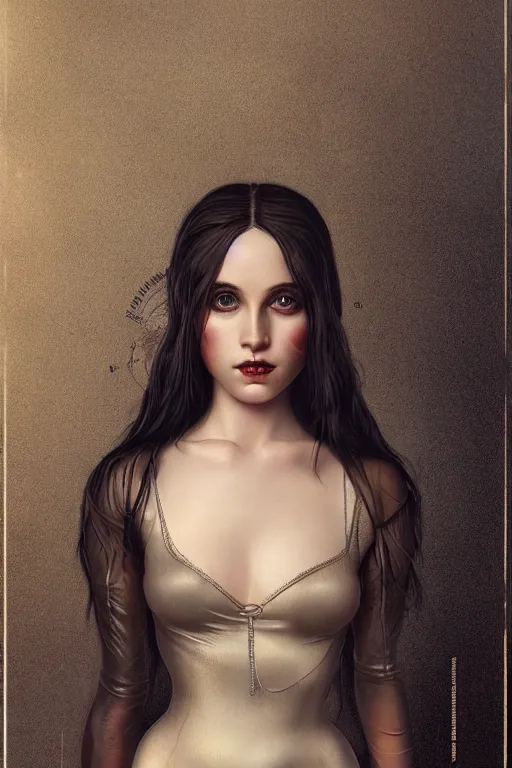 Prompt: Adventure pulp portrait of a beautiful female dollpunk with thin lustrous hair wearing a full bodysuit, focus, detailed, realistic eyes, symmetric body features proportions, intricate details, award winning, by Tom Bagshaw