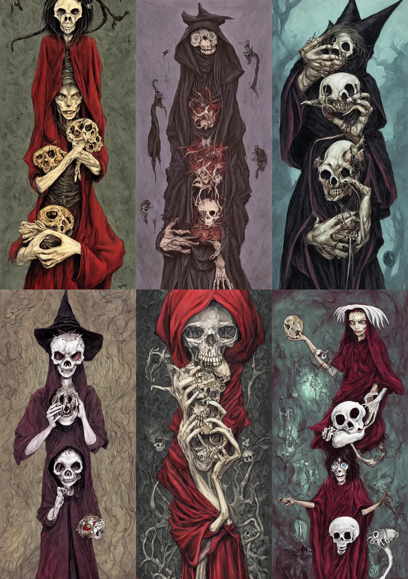 Prompt: a witch with ruby eyes, stares at a cat skull in her hands. she wear a long dark robe. painted by regis loisel and enki bilal and tony sandoval and oliver ledroit. oil painting.