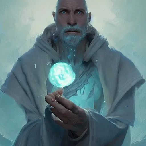 Prompt: a young bald wizard with blue skin casting a powerful spell, painted by Greg Rutkowski, trending on ArtStation