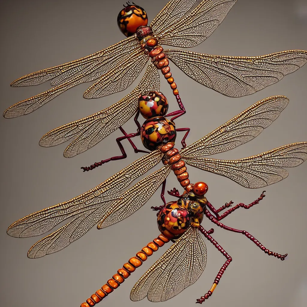 Image similar to A single Close up photo-real delicate ceramic porcelain sculpture of an ornate Dragonfly detailed in front of an intricate background by Victo Ngai and takato yamamoto, micro detail, backlit lighting, face in focus, subsurface scattering, translucent, thin porcelain, octane renderer, colorful, physically based rendering, japanese pottery, trending on cgsociety