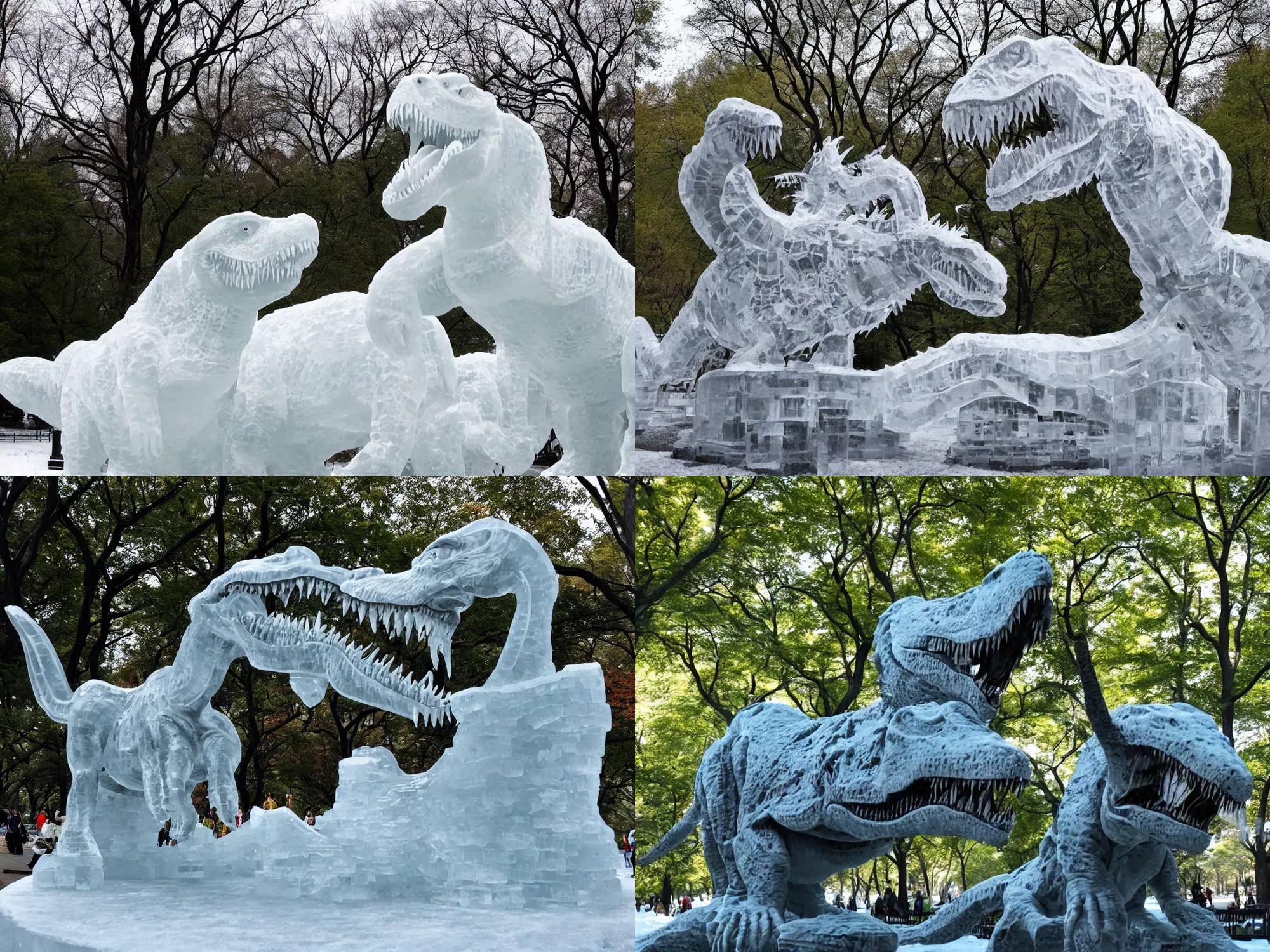 Prompt: Ice sculpture of a T-Rex in Central Park, NY.