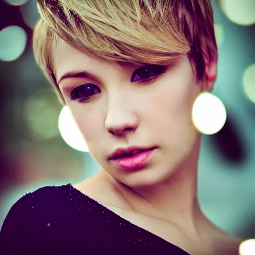 Image similar to “ fashion model short blonde hair looking into lens heavy bokeh photography high quality ”