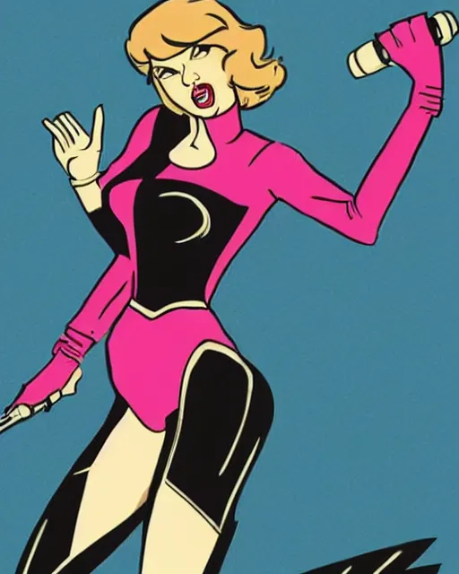 Image similar to taylor swift as a super hero similar to seraphine from league of legends with a microphone in her hand as her weapon drawn in a 1 9 5 0 s cartoon on a saturday morning style, hugh quality, very well proportioned silhouette, contemporary art