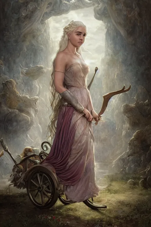 Image similar to A fantasy book style portrait painting of Daenerys Targaryen, as a Mystical Valkyrie pushing a pram containing a Dragon Wyvern, Atlantean Warrior, François Boucher, Oil Painting, unreal 5, DAZ, hyperrealistic, octane render, Regal, Refined, Detailed Digital Art, RPG portrait, William-Adolphe Bouguereau, Michael Cheval, Walt Disney (1937), Steampunk, Volumetric Golden dappled dynamic lighting, Highly Detailed, Cinematic Lighting, Unreal Engine, 8k, HD