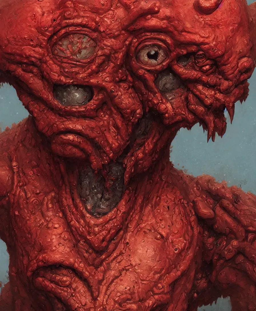 Image similar to bust portrait close up red devil, illustrated by Simon Stålenhag and Gaston Bussiere, intricate, ultra detailed, photorealistic, trending on artstation