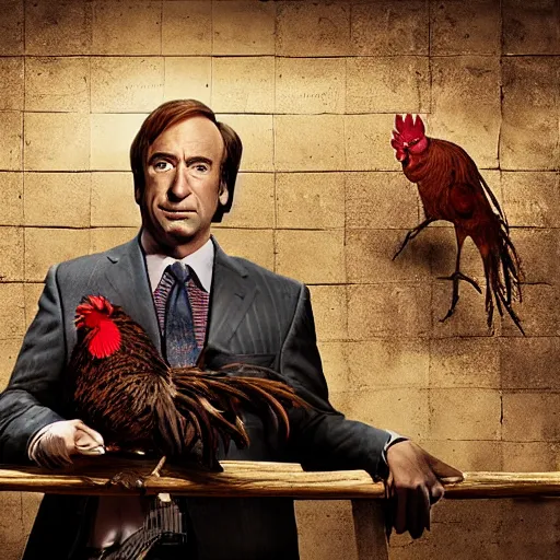 Image similar to saul goodman and a rooster in a saw movie torture chamber, torture devices in the background, saul goodman, rooster, photo