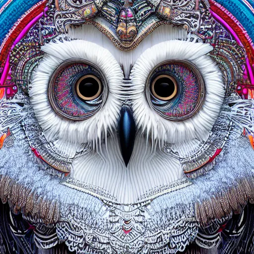 Image similar to detailed portrait of a ethereal bohemian white owl, halfway through, hyper - detailed, stylistic, symmetrical, 3 d render, 8 k, octane render