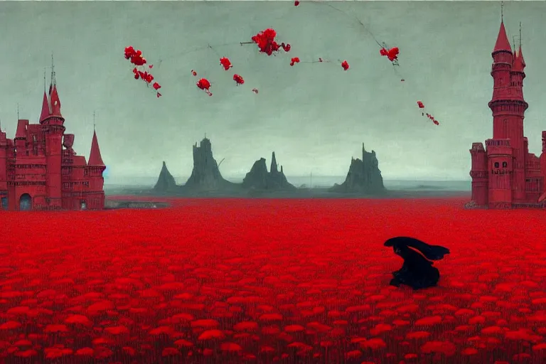 Image similar to only with red, red flowers of different types, red castle in background, red medieval goblins, in the style of beksinski, parts by edward hopper, parts by rodcenko, parts by yue minjun, intricate and epic composition, red by caravaggio, insanely quality, highly detailed, masterpiece, red light, artstation, 4 k