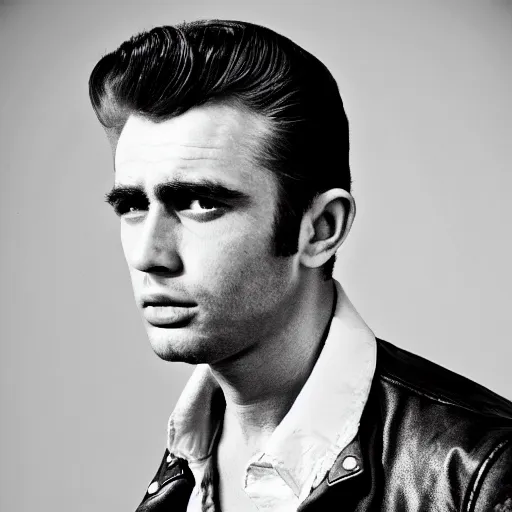 Image similar to genetic mixture of james dean and sean connery. rockabilly, rebel, beatnik, tough guy, pompadour, leather jacket.