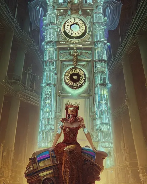 Image similar to highly detailed surreal vfx portrait of a cyberpunk queen in a majestic castle by grandfather clock, stephen bliss, unreal engine, greg rutkowski, loish, rhads, beeple, makoto shinkai and lois van baarle, ilya kuvshinov, rossdraws, tom bagshaw, alphonse mucha, global illumination, detailed and intricate environment