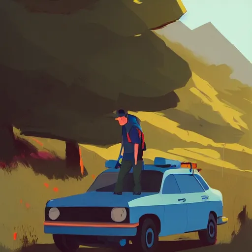 Image similar to hiker unloading the car before camping, style by atey ghailan