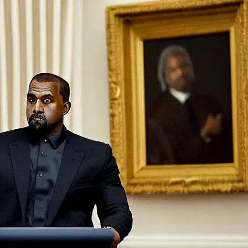 Image similar to president kanye west giving a speech at the white house