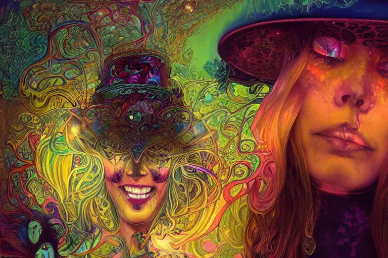 Image similar to An extremely psychedelic celestial undertaker in his black fedora hat, colorful, surreal, dramatic lighting, magic mushrooms, psilocybin, LSD, face, detailed, intricate, elegant, highly detailed, digital painting, artstation, concept art, smooth, sharp focus, illustration, art by Krenz Cushart and Artem Demura and alphonse mucha