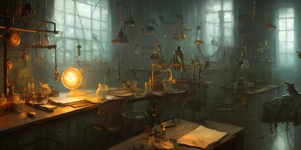 Image similar to rat sitting on a desk in a laboratory with lots of flasks filled with magic liquids and poisonous fog, stephen bliss, unreal engine, fantasy art by greg rutkowski, loish, rhads, ferdinand knab, ilya kuvshinov, rossdraws, tom bagshaw, global illumination, radiant soft light, detailed and intricate environment