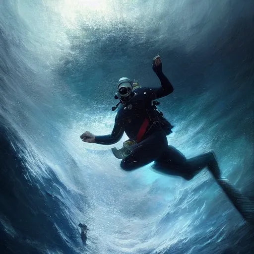 Image similar to a dream fantasy painting of a scuba diver trapped in a maelstrom, trending on artstation, deviantart, matte painting by greg rutkowski, holly bruce, jon kuo