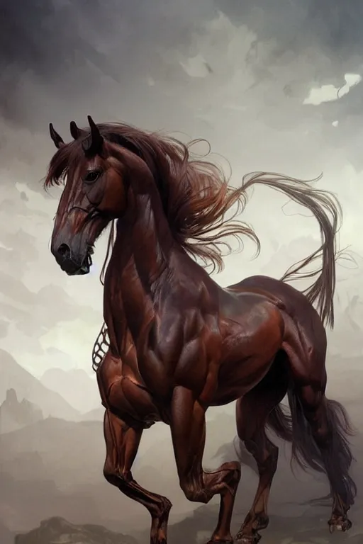 Image similar to an enormously muscular horse at a research facility doffed in leather, highly detailed, digital painting, artstation, concept art, sharp smooth focus, illustration, art by artgerm and greg rutkowski and alphonse mucha