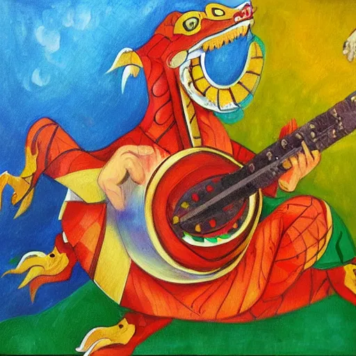 Image similar to russian dragon playing balalika guitar, childrens painting ,