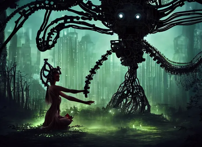 Image similar to silhouette of an intricate mechanical fairy with visible gears having tea with a cyborg winged horned demon medusa in a magical forest. Very detailed 8k. Fantasy cyberpunk horror. Sharp. Cinematic post-processing