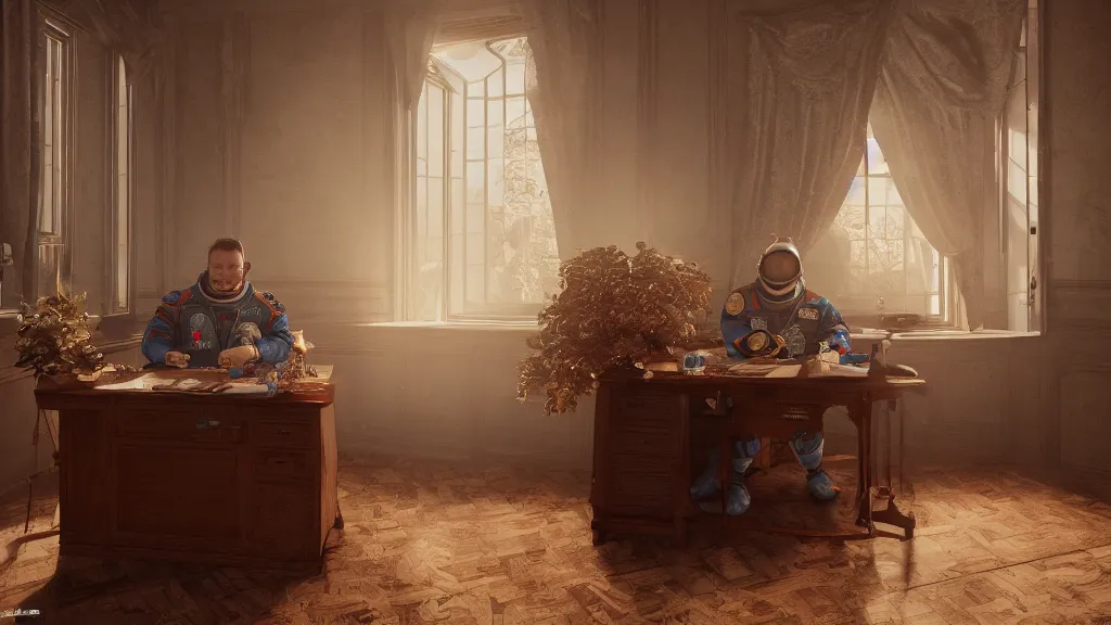 Prompt: a cosmonaut in a spacesuit sits at an old wooden desk with a flower vase, in a richly decorated Victorian house. the autumn light comes in through a window and dimly illuminates the room, diffuse light, octane render