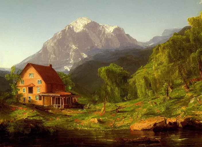 Image similar to painting of a william krisel house in front of mountains by thomas cole