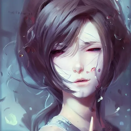 Image similar to anime girl a mouth a bit open, two eyes half closed and half a smile on her soul makes a beautiful portrait on the wall. by artgerm, alina ivanchenko, ruan jia and mandy jurgens