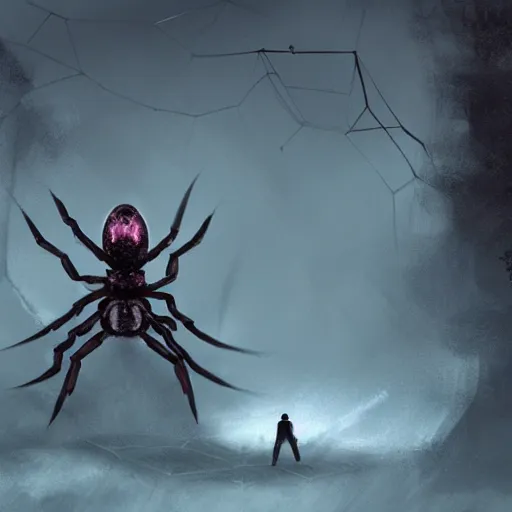 Prompt: a man standing in front of a giant spider, foggy scene. concept art by jason a. engle, cgsociety, fantasy art, concept art, lovecraftian, apocalypse art.