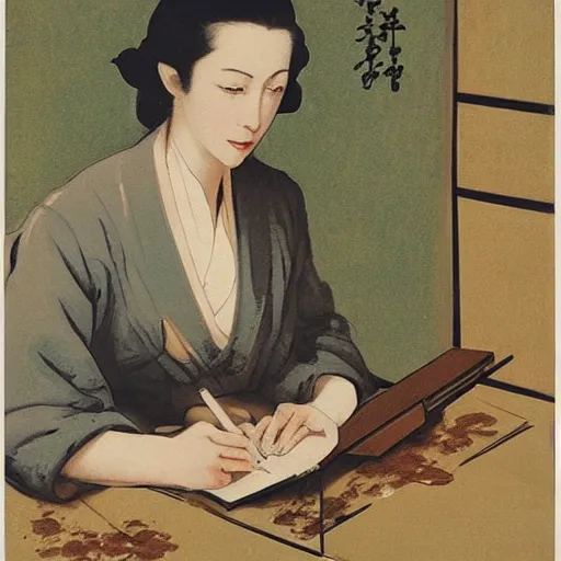 Image similar to portrait of mascha kaleko ( 1 9 4 0 ) writing poems, color hanafuda oil on canvas by ivan shishkin, james jean and yoji shinkawa