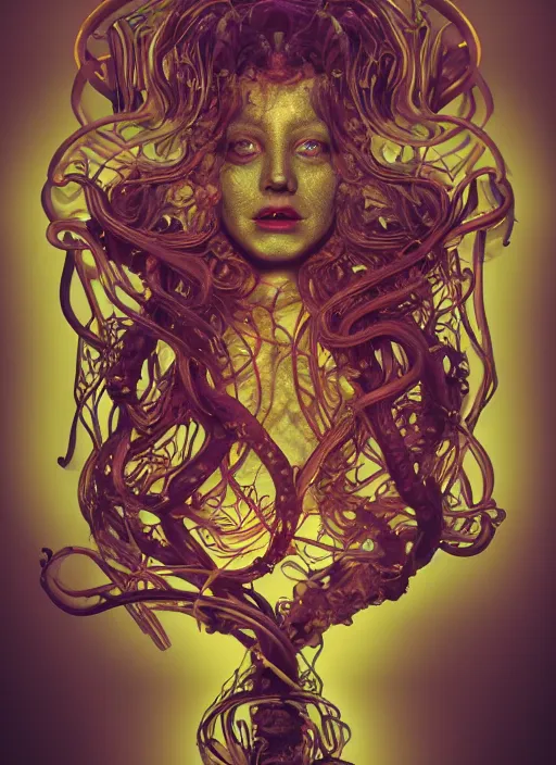 Prompt: subsurface scattering, medusa made of soft wax, cgsociety, translucent, wooden art nouveau swirls, biomechanical, colored smoke, gold cables, in the style of alberto seveso and beeple and giger, mystical colors, back light, rim light, dramatic lighting, 8 k, stunning scene, raytracing, octane render