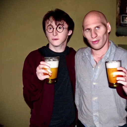 Prompt: harry potter and voldemort having a beer photograph