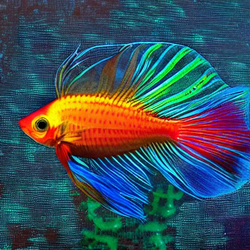 Image similar to a beautiful richly colored beta fish on a black background.