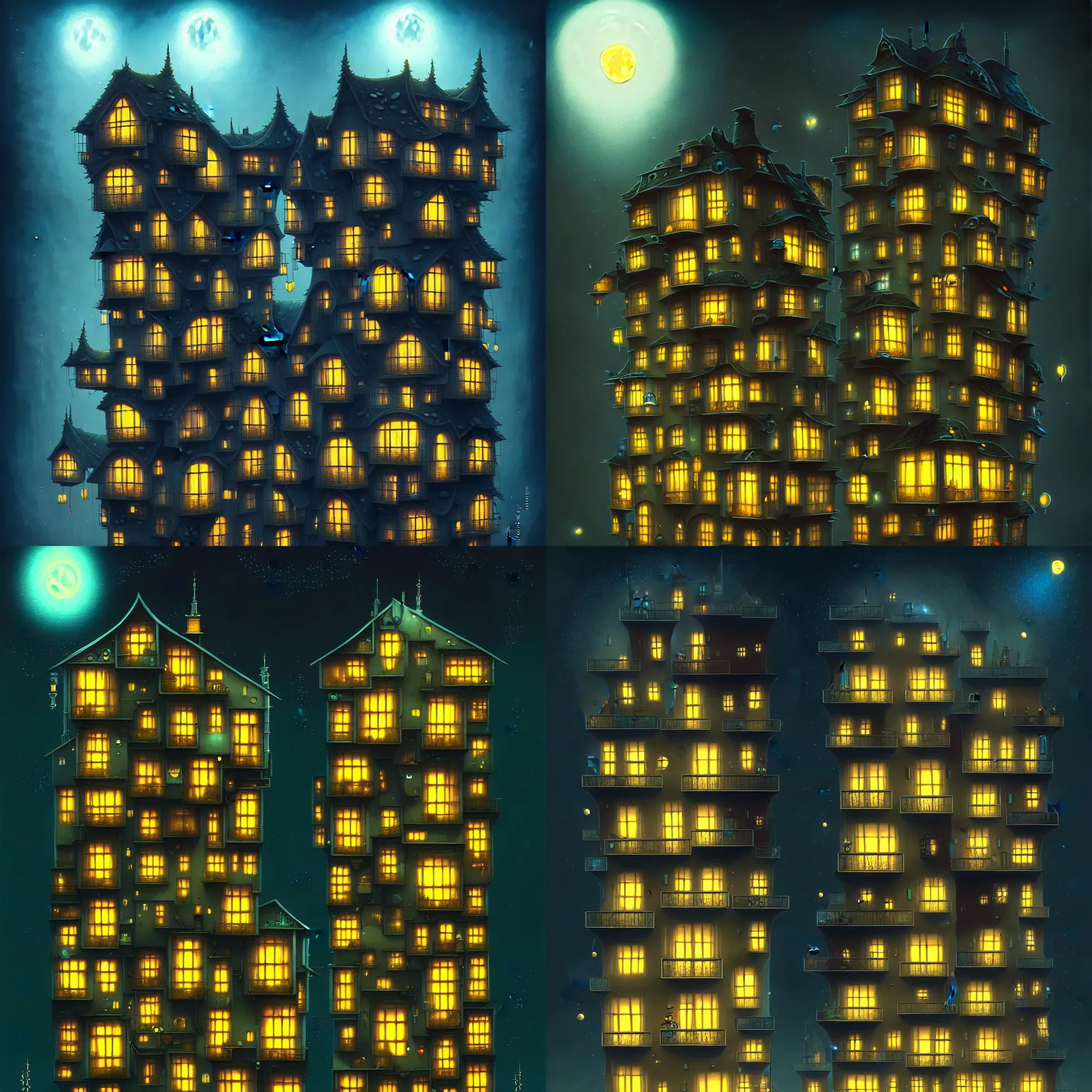 Prompt: a single apartment building in a moonlit night in the style of peter mohrbacher and jacek yerka