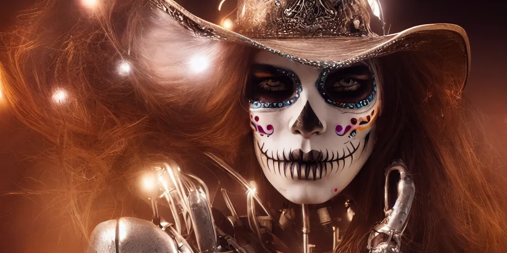 Prompt: Panorama screenshot of a beautiful female cyborg with sugar skull makeup, glowing long flowing silver hair, electric gold glowing eyes, wearing a cowboy hat, photographic highly detailed desert, hybrid from The Elden Ring and art direction by Darius Zawadzki ;by artgerm; wayne reynolds art station; cinematic quality character render; low angle; ultra high quality model; production quality cinema model