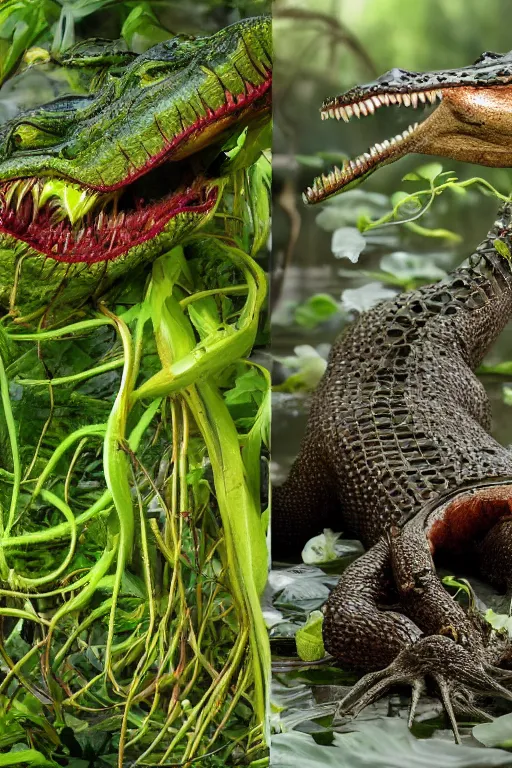 Image similar to a carnivorous plant with a long vine and the head of a alligator, vicious snapping alligator plant, side view of a plant showing roots stem and bud, plant photograph showing roots underground