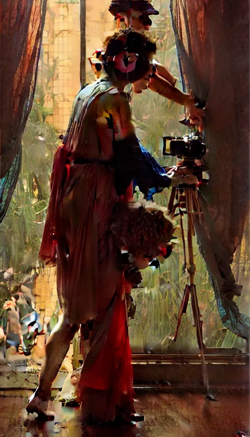 Image similar to hyper realistic photographer looking through camera, magical, painted by james gurney, norman rockwell, tom bagshaw, mucha, gaston bussiere, craig mullins, j. c. leyendecker 8 k