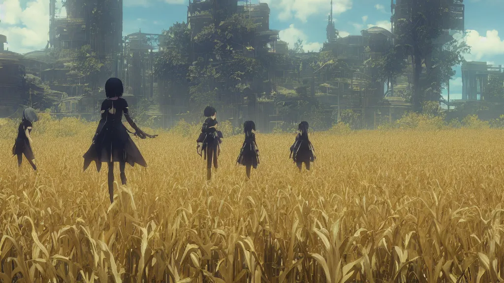 Prompt: Screenshot from Nier Automata in a beautiful countryside corn field