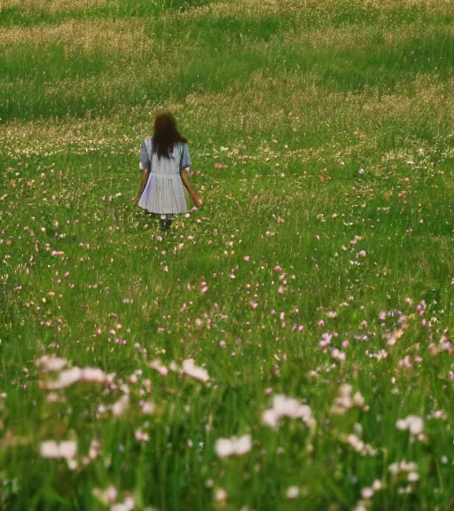 Image similar to shadow person figure standing at distance in beautiful meadow of flowers, film photo, grainy, high detail, high resolution