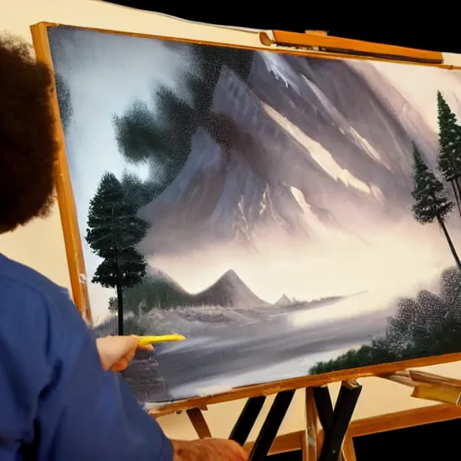 Image similar to a closeup photorealistic photograph of bob ross working on a canvas painting of darth vader. film still. brightly lit scene. mountains and trees. this 4 k hd image is trending on artstation, featured on behance, well - rendered, extra crisp, features intricate detail, epic composition and the style of unreal engine.