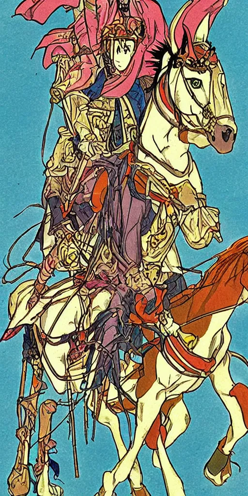 Image similar to a chariot drawn by horse in japan, 1990s anime, full color, tarot card the chariot,