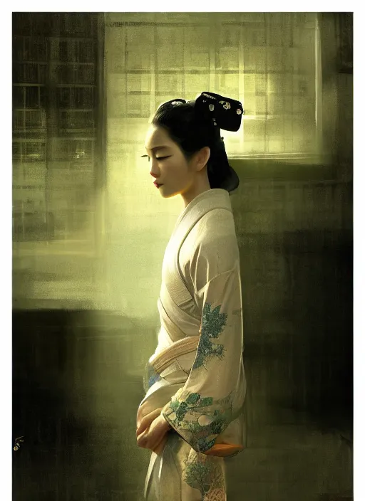 Image similar to female geisha girl, beautiful face, rule of thirds, intricate outfit, spotlight, by greg rutkowski, by jeremy mann