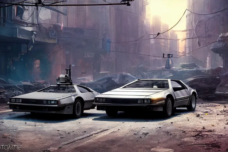 Image similar to highly detailed photorealistic rendering of a delorean parked on the streets of a cyberpunk abandoned city with the door open, futuristic post - apocalyptic vibe, by greg rutkowski and stanley artgerm and alphonse mucha, octane, sharp focus, hyperrealistic, unreal engine 5, vray, masterpiece