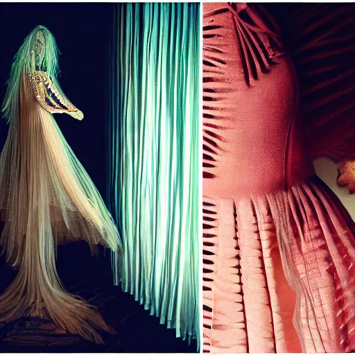 Image similar to Fashion photography of a woman wearing a dress inspired by a jellyfish, artistic photography, insanely detailed, chiaroscuro, cinestill 800t, Vogue magazine