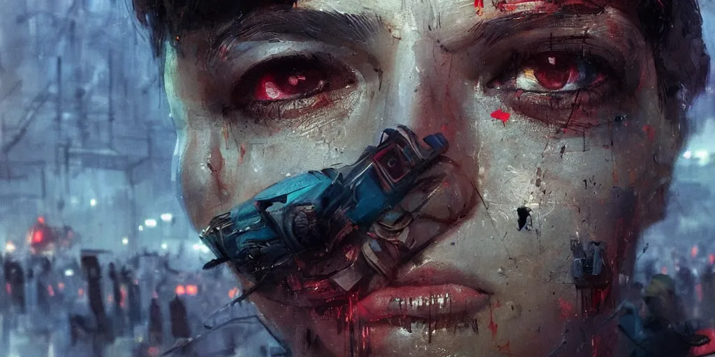 Image similar to extreme closeup on the eyes of a neon guard boy with short dark hair in front of a dystopian crowd with piles of garbage by Ismail inceoglu dragan bibin hans thoma, Perfect face, fine details, realistic shaded, fine-face, pretty face