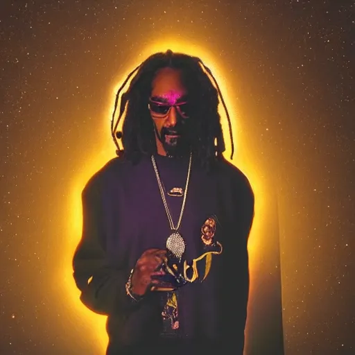 Prompt: a dramatic photograph of snoop dog smoking a joint in an infinite universe while contemplating a magical portal to the beyond, ground haze, dramatic lighting, filmic, cinematographic