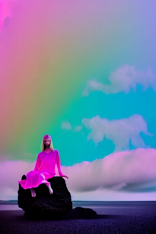 Image similar to high quality pastel coloured film close up wide angle photograph of a model wearing clothing swimming on cloud furniture in a icelandic black rock!! environment in a partially haze filled dreamstate world. three point light, rainbow. photographic production. art directed. pastel colours. volumetric clouds. pastel gradient overlay. waves glitch artefacts. extreme facial clarity. 8 k. filmic.