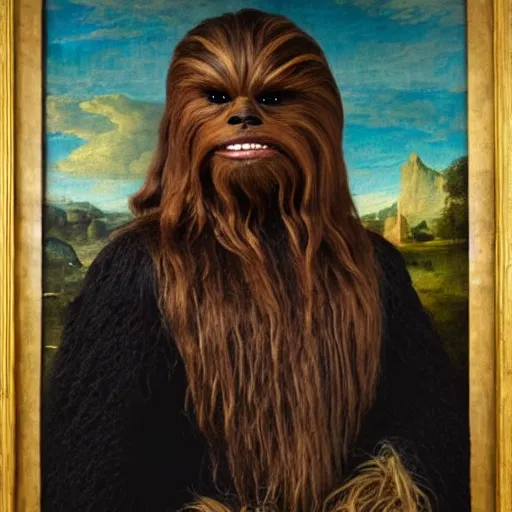 Image similar to a portrait painting of chewbacca from star wars in a renaissance style hanging in the louvre