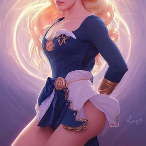 Image similar to Jennifer Connelly with blonde hair as Sailor Moon, western, D&D, fantasy, intricate, elegant, highly detailed, digital painting, artstation, concept art, matte, sharp focus, illustration, art by Artgerm and Greg Rutkowski and Alphonse Mucha