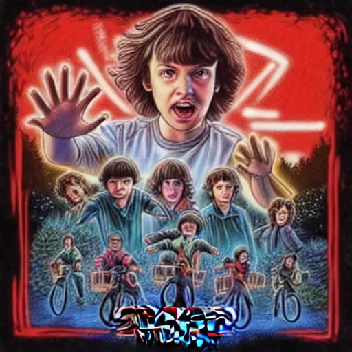 Prompt: stranger things in the style of an alec monopoly painting
