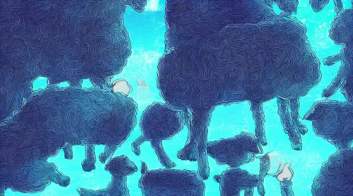 Prompt: do the androids dreams with electric sheeps, digital art, illustration style