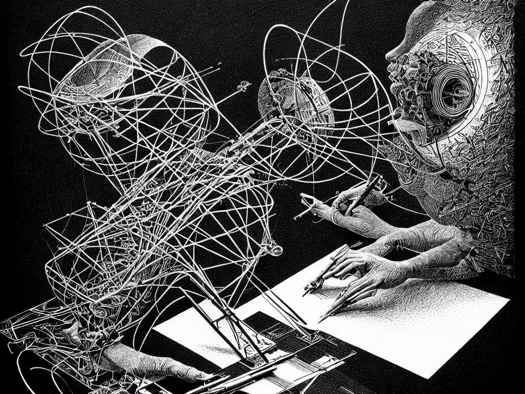 Image similar to highly detailed photo of plotter drawing life, trending on deviantart, neo surrealism, sharp focus, a lot of little details, octane, masterpiece, art by max ernst