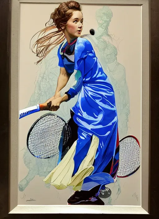 Prompt: a copic maker art nouveau portrait of a russian beautiful girl playing tennis at high speed wearing a futuristic anorak designed by balenciaga by john berkey norman rockwell